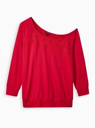 NWT Torrid 4 Off-Shoulder Lt Weight French Terry Embroidered Sweatshirt Pink Red