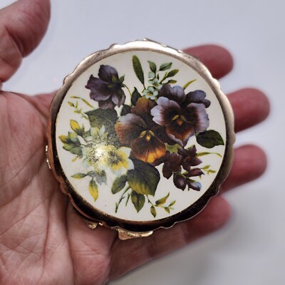 Vintage Max Factor Makeup Compact mirror violet flowers Gold