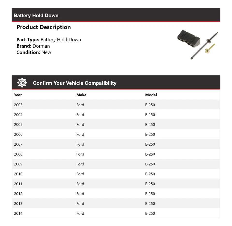 Retención de batería para Ford E-250 Dorman 2003-2014 2004 2005 2006 2007 2008 2009 Foto 2 de 4