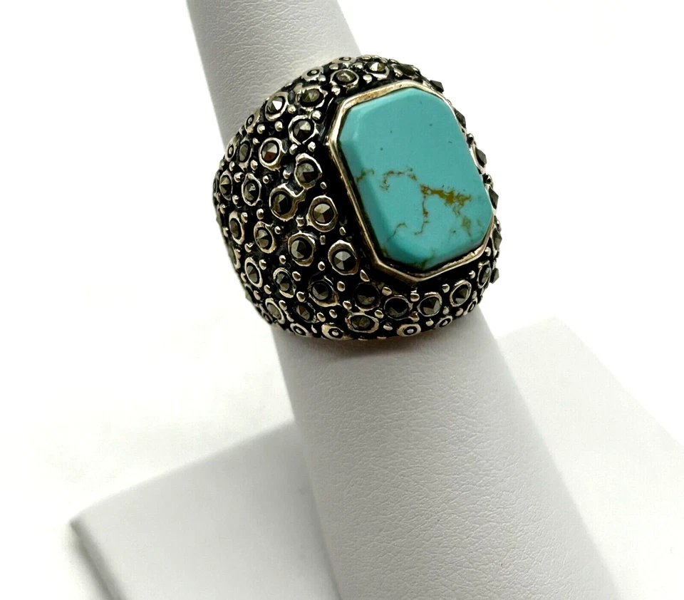 Anillo de colección de plata de ley 925 marcasita y cúpula turquesa cóctel 6 Foto 2 de 4