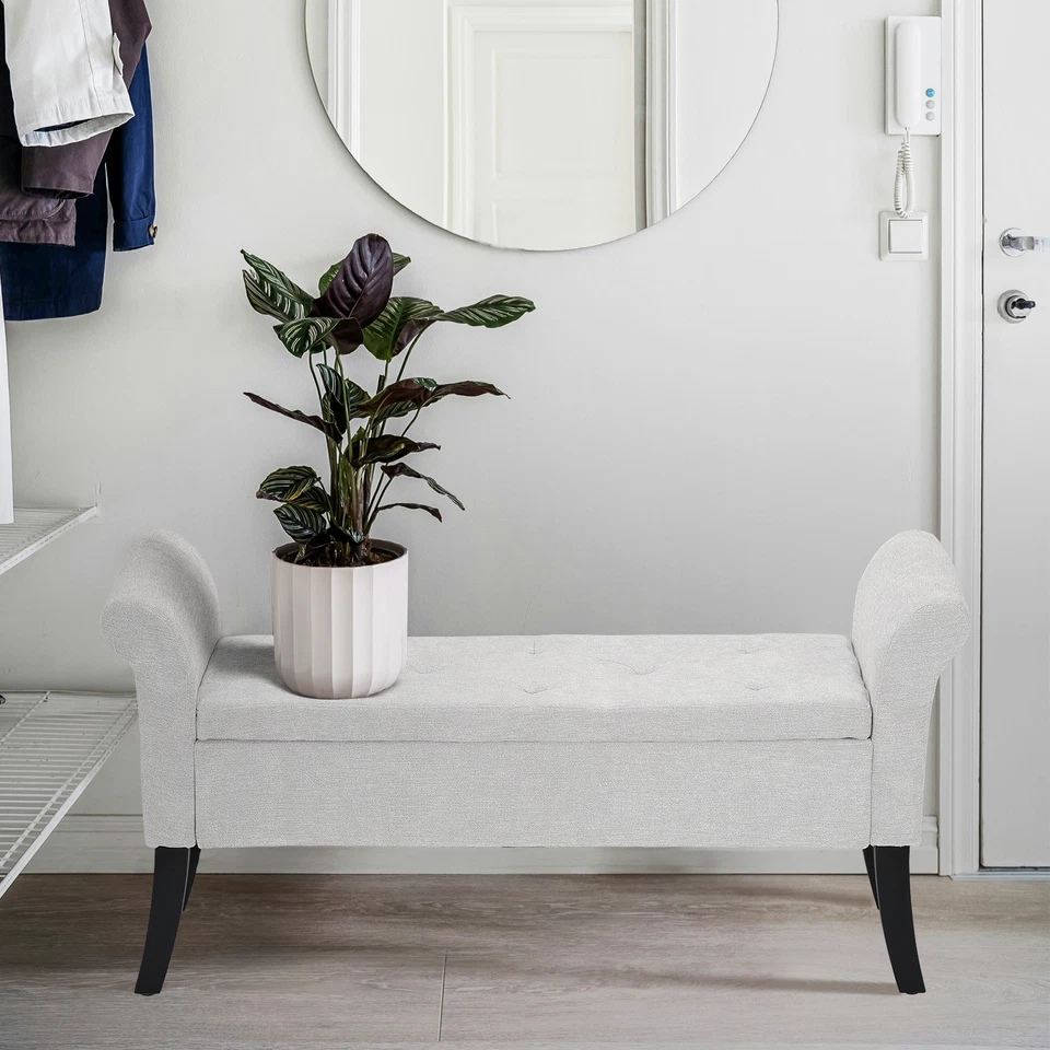 Gray Rectangle Storage Bench Fabric 25" Footstool w/Wood Legs&Upholstered Arms - Imagem 4 de 4