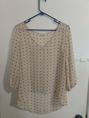 Wishful Park Women's Sz M Blouse 3/4 Sleeve Beige Black Plus Mark Print Sheer