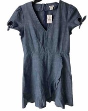 J. Crew Womens DressFaux Wrap Chambray Blue Ruffle Knee Length Cotton Size 6