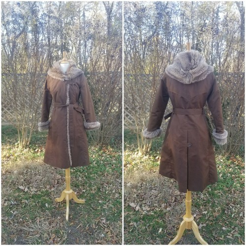 Vibtage 1970s Khaki brown trench robe coat faux fu