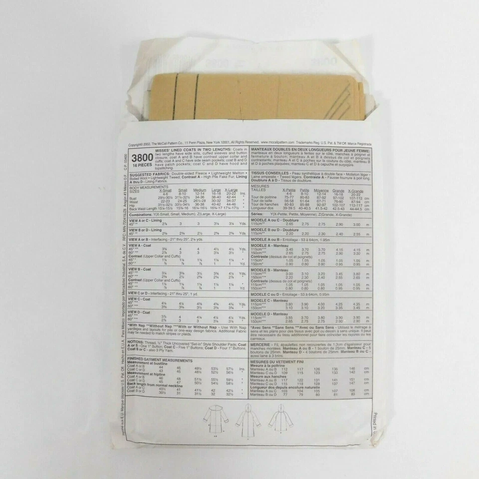 McCalls 3800 Misses Coats Sewing Pattern XS-Med Uncut Lined Cuffed Side Pockets - Image 3 of 4