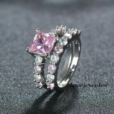 3CT Princess Pink Genuine Pink Sapphire Bridal Set Ring 14K White Gold Over 