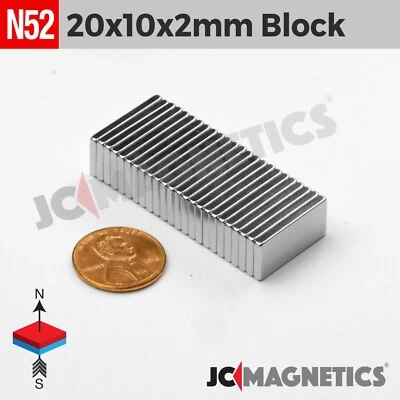 20mm x 10mm x 2mm N52 Thin Strong Rare Earth Neodymium Magnet Block 20x10x2mm