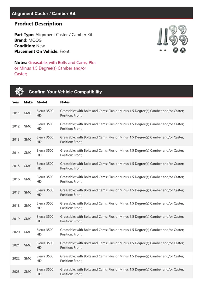 For 2011-2023 GMC Sierra 3500 HD Alignment Caster / Camber Kit Front MOOG 2011 - Image 2 of 3