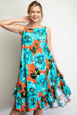 SML EASEL HOT CORAL SIMPLY FEMME RUFFLED Midi Tropical DRESS BHCS