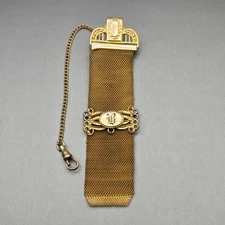 Antique Gold Filled Watch Fob 4" Mesh Chain Stylized “B” Monogram Patented Clasp