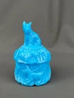 Vintage Akro Agate Blue Milk Glass SCOTTY DOG 6 1/4"  Powder Jar  c. 1930's