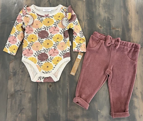 Tahari 3-6 Months Baby Girl 2 Piece Floral Bodysuit Pants Bow 