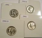 LOT OF 4 BU MERCURY DIMES 1942 1943-D 1944-D 1945 0.289 oz SILVER 10c