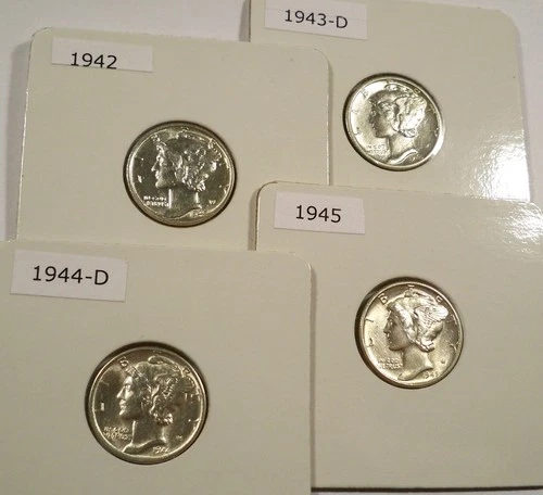 LOT OF 4 BU MERCURY DIMES 1942 1943-D 1944-D 1945 0.289 oz SILVER 10c