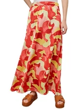 MING WANG MAXI A-LINE SKIRT CREPE-DE-CHINE PULL ON ABSTRACT MULTICOLOR SIZE L
