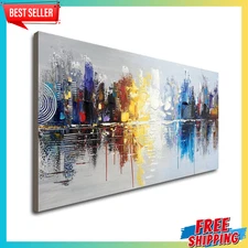 Hand Painted Cityscape Modern Oil Painting on Canvas Reflection Abstract Wall Ar