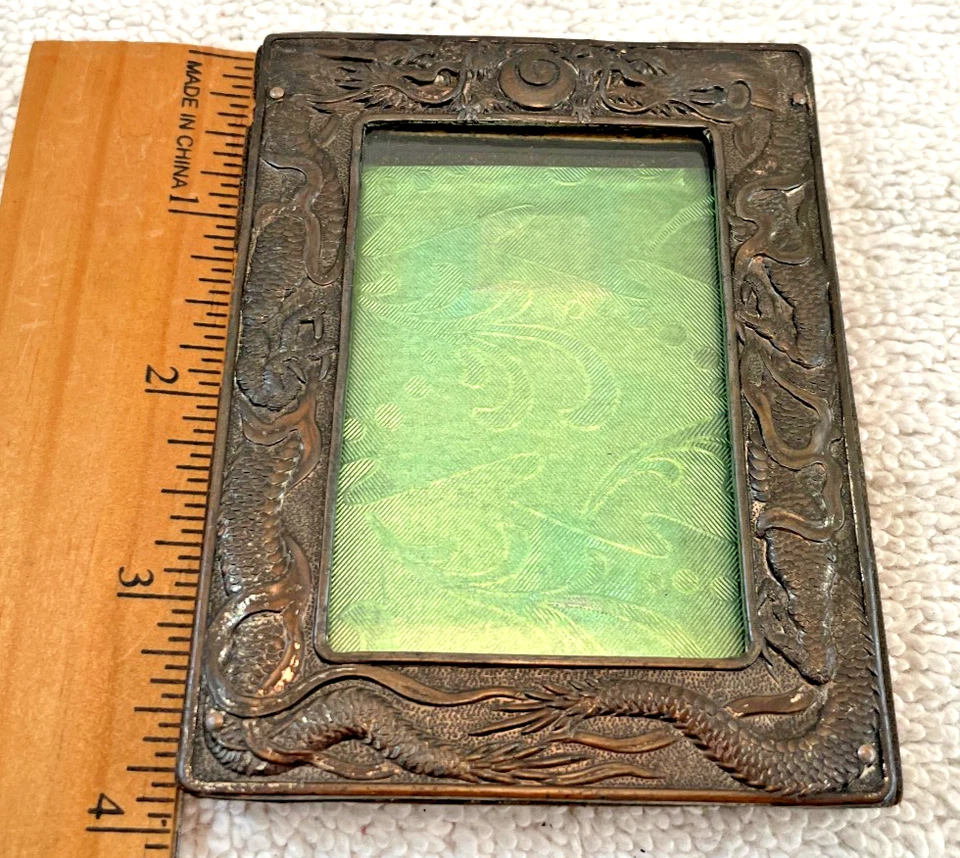 VTG 1920s Dragon Embossed Bronze Picture Frame w/ Glass Wall Decor 4"t - Image 3 of 4