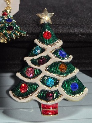 Christmas Tree Brooch + Earrings Set Enamel Rhinestones Gold Tone 2014 F.L.