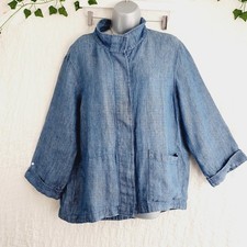 Sahara Linen Jacket Size L UK 14-16 Blue Drawstring Chore Shacket Pocket Arty