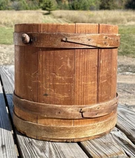 Vintage Wood Firkin Large Sugar Bucket Primitive Farmhouse Staved Bucket