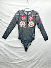 Topshop Women Black Mesh Bodysuit Size 16 Long Sleeve Floral Embellished Sequins