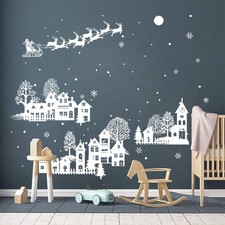 Christmas Night White Silhouette Wall Stickers Santa Claus Snowflakes Window Wal