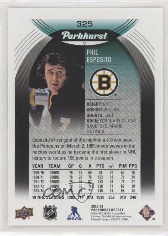 2020 Upper Deck Parkhurst Legends Emerald Ice Achievement /5 Phil Esposito HOF - Image 2 of 2