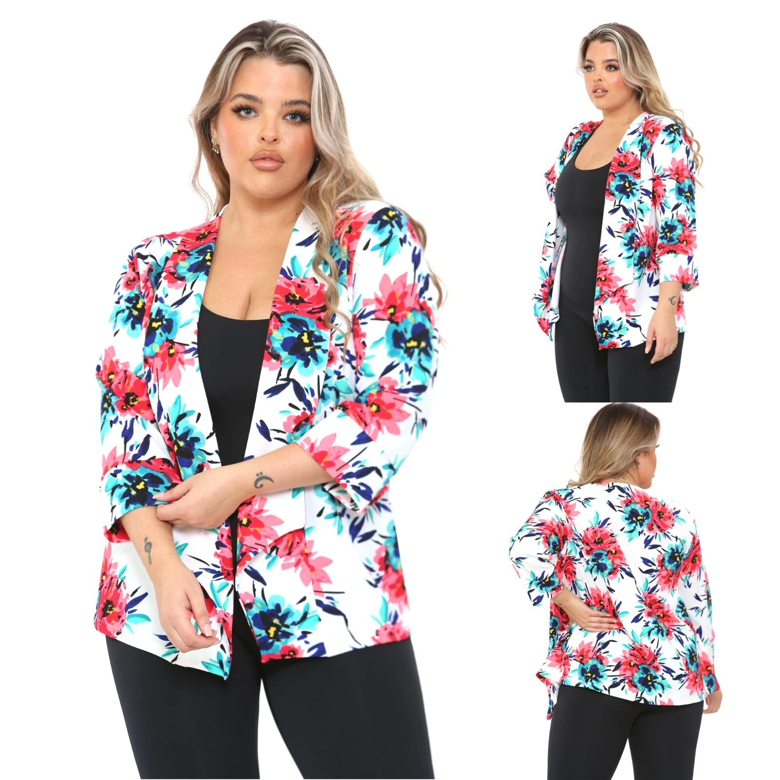 Womens Plus Size Summer Neon Floral Print Blazer Jacket Ladies Coat Jacket 16-26