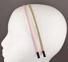 Pink Tan headband set 2 braid faux leather braided hair band skinny narrow