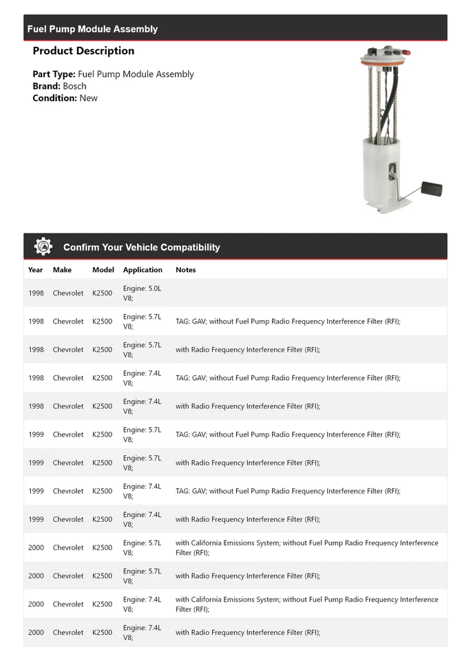 Conjunto de módulo de bomba de combustible Bosch 1999 para Chevrolet K2500 1998-2000 Foto 2 de 4