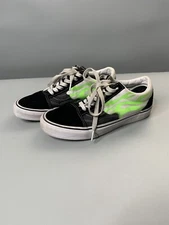 Vans Old Skool Green Flames Black White Mens 6 Women 7.5