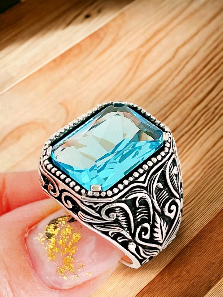 925 Argento Sterling Acqua Marine Zircone Floreale Lusso Design Uomo Anello #2 - Immagine 2 di 4