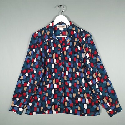 VINTAGE DONNKENNY Bluse Damen mittelblau rot grün Klassiker Langarm Oberteil