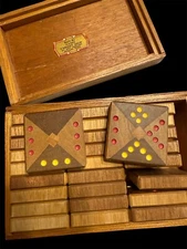 Unique Artisan Made QUAD-OMINOS Like 28 Pc Wood Game Hand Painted w/Box Vtg OOAK