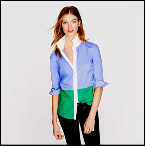 J Crew Women's Color Block Long Sleeve Dart Shirt Size L Button Up  Blue  Green - Picture 1 of 15
