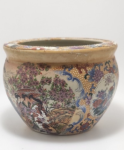 Vintage Japanese Small Pot  Geisha Girls Suitors Peacocks Blossoms 4”w x 3”ht - Picture 1 of 16