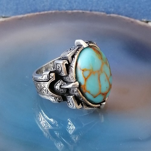 Men's 925 Sterling Silver Ring, Turquoise Stone Men's Silver Ring - Picture 3 of 8