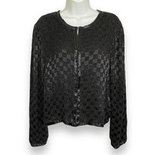 Vintage Scala Silk Beaded Jacket Formal Black Long Sleeves Large Flaws Black Tie