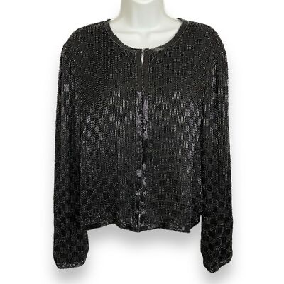 Vintage Scala Silk Beaded Jacket Formal Black Long Sleeves Large Flaws Black Tie