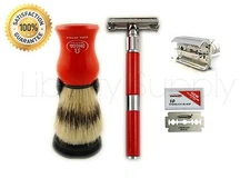2 PC WET SHAVING SET - DE BUTTERFLY OPENING SAFETY RAZOR, OMEGA BRISTLE BRUSH