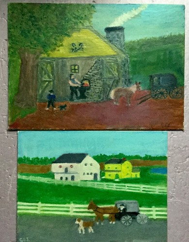 2 Great Vintage Farm & Blacksmith Primitive oil paintings Grandma Moses style.