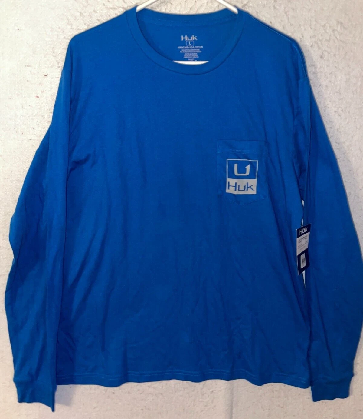 Huk Fishing Shirt Men's L Crew neck Long Sleeve Blue Cotton Polyester NWT