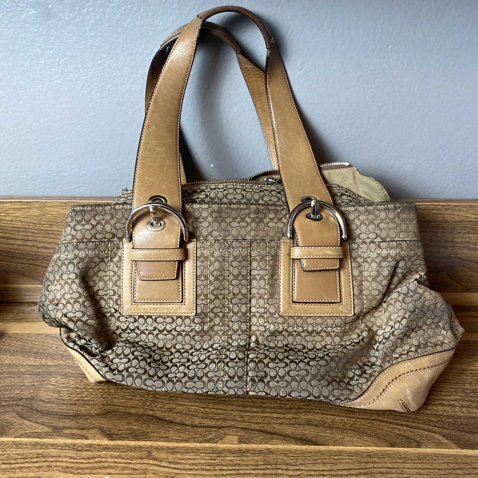 Autentica borsa a mano Coach F10928 in pelle e tela marrone medio