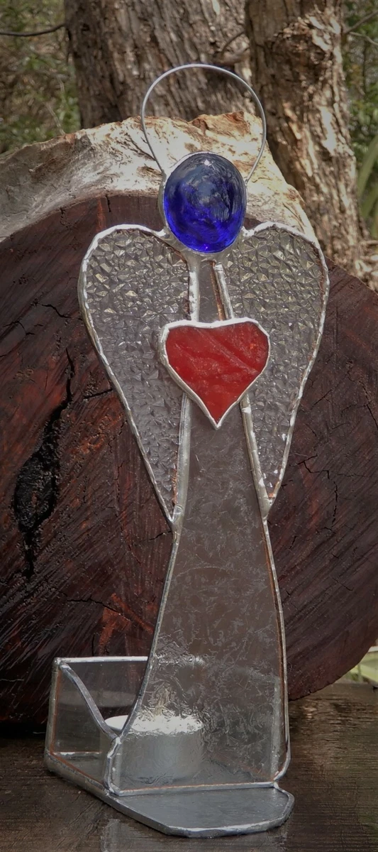 ENLIGHTENED ANGEL TEA LIGHT CANDLE HOLDER Large Stained Glass Silver Finish