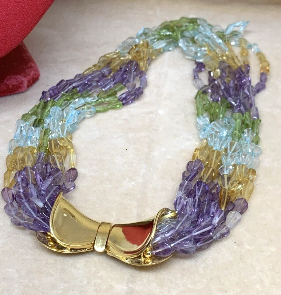 COLLANA 10 FILI AMETISTA PERIDOTO CITRINO E ACQUAMARINA CHIUSURA ARGENTO PL. ORO - Immagine 3 di 4