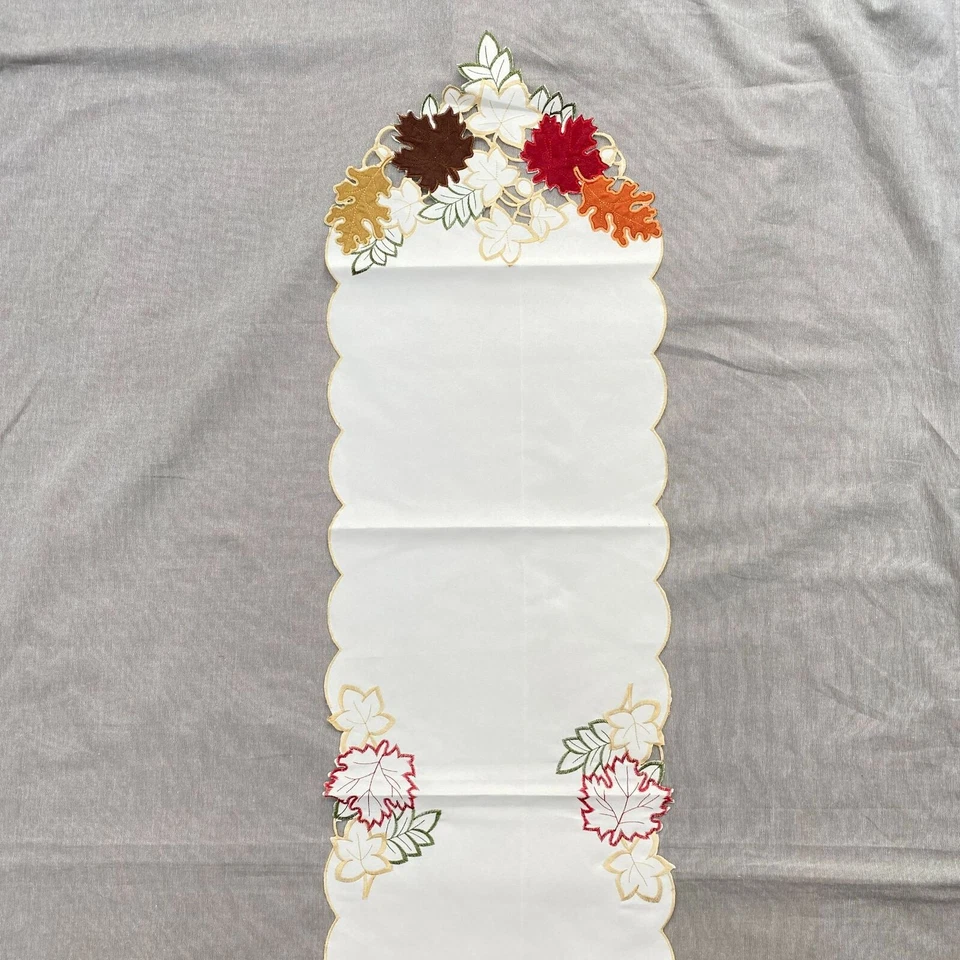 Collections Etc Fall Leaves Table Runner Multicolor Ivory Cut Out Embroidered - Image 3 of 4