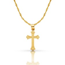 Real 14K Yellow Gold Cross Pendant Charm with 1.5mm Singapore Chain Necklace