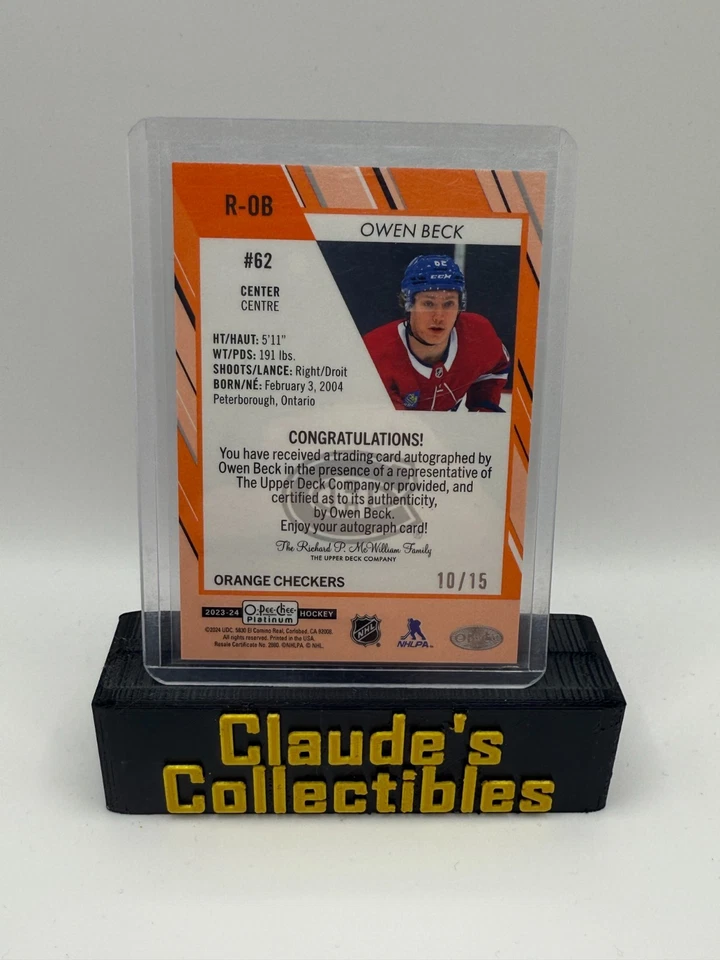 2023-24 O-Pee-Chee Platinum Owen Beck Orange Checkers Rookie Auto RC /15 - Image 2 of 2