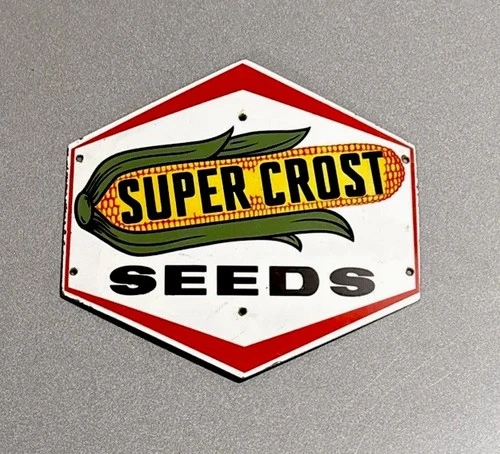 VINTAGE 12” SUPER CROST CORN SEED PORCELAIN SIGN CAR GAS TRUCK OIL MOTORCYCLE
