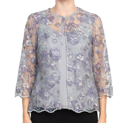 Alex Evenings Floral Metallic Mesh Twinset Jacket Shell Size Small Gray Purple